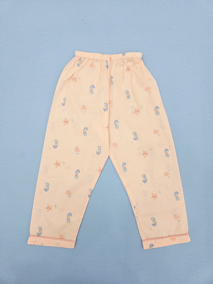 Pure Cotton Peach with Seahorse Print  Unisex Nightsuit Set