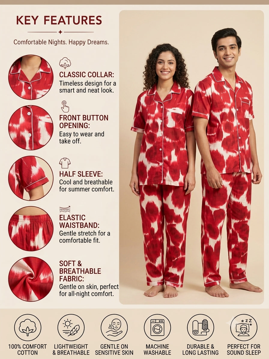 Red Ikat Printed Pure Cotton Unisex Nightsuit Set