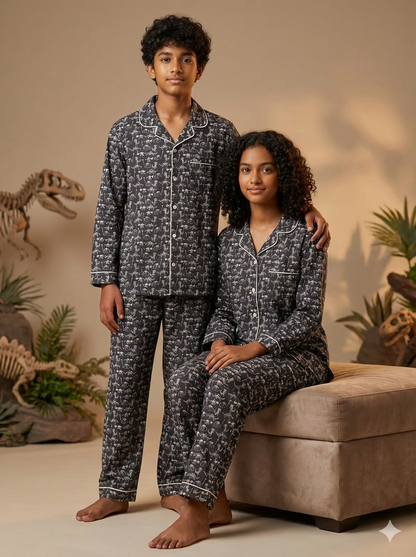 Pure Cotton Black with Dino Print Unisex Nightsuit Set