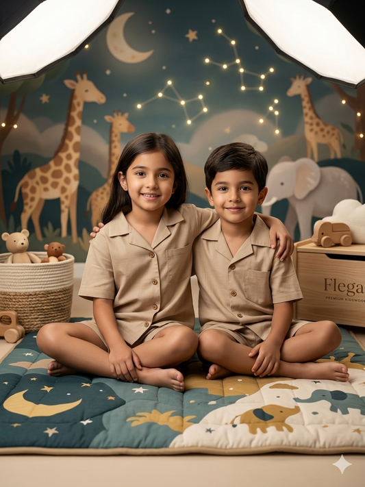 Beige Solid Unisex Shorts Nightsuit Set