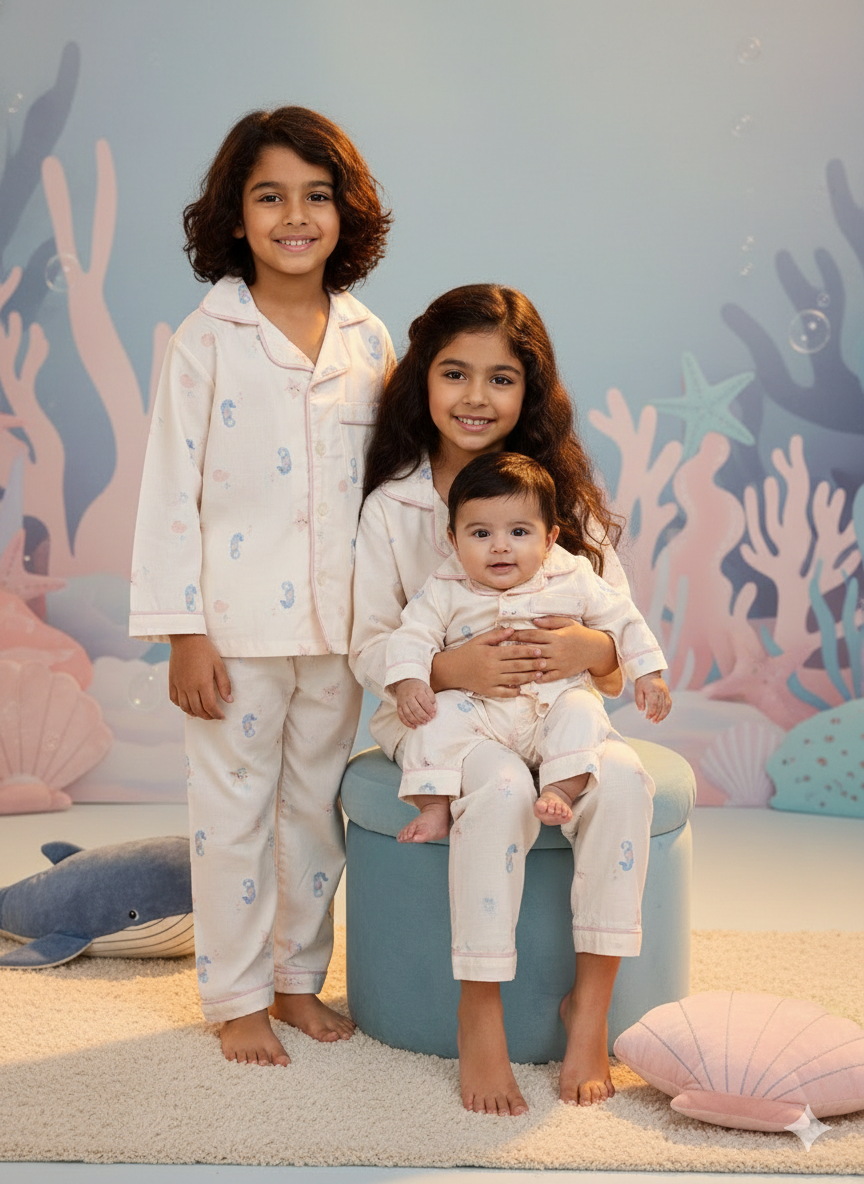 Pure Cotton Peach with Seahorse Print  Unisex Nightsuit Set