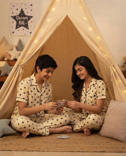 Cream & Black Star Printed Pure Unisex Nightsuit Set