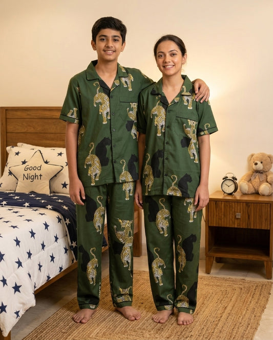 Green Leopard & Panther Print Cotton Unisex Nightsuit Set