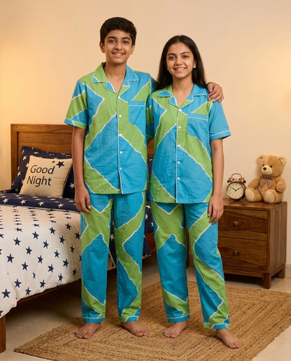 Aqua & Lime Green Printed Pure Cotton Unisex Nightsuit Set
