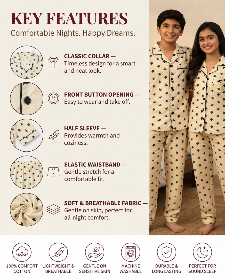 Cream & Black Star Printed Pure Unisex Nightsuit Set