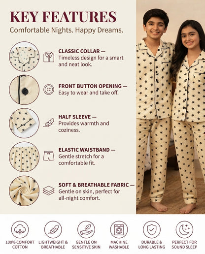 Cream & Black Star Printed Pure Unisex Nightsuit Set