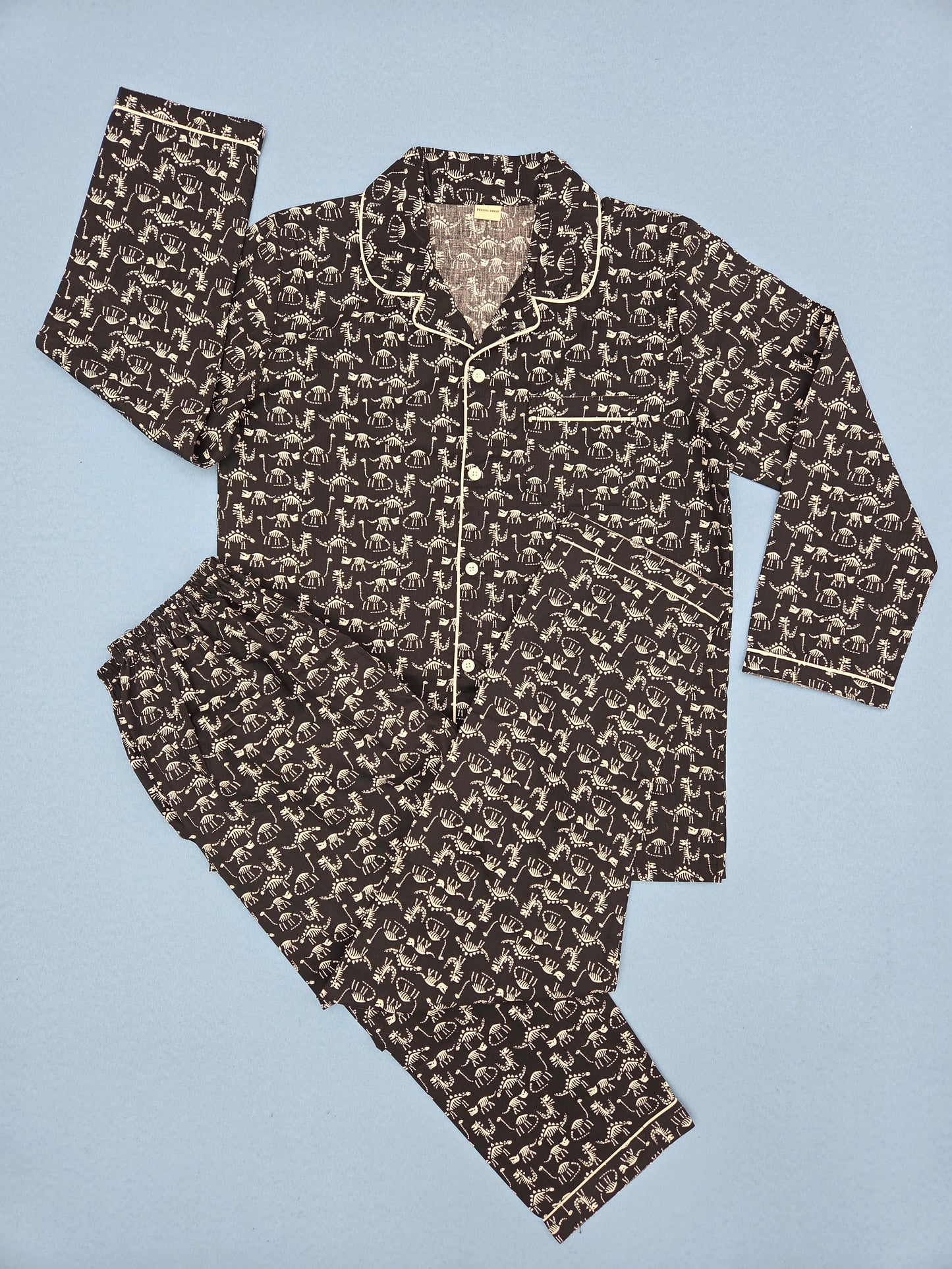 Pure Cotton Black with Dino Print Unisex Nightsuit Set