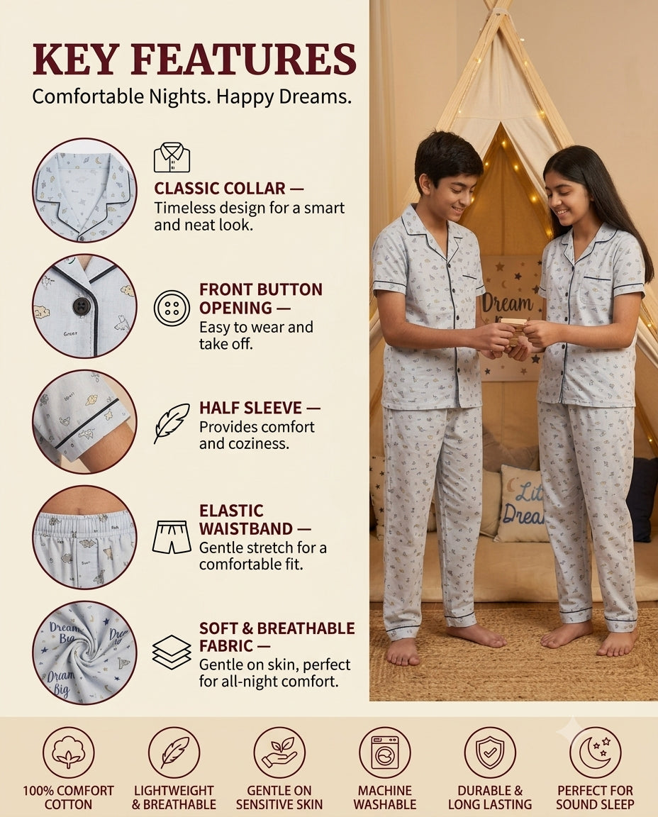 Grey Dinosaur Printed Pure Unisex Nightsuit Set