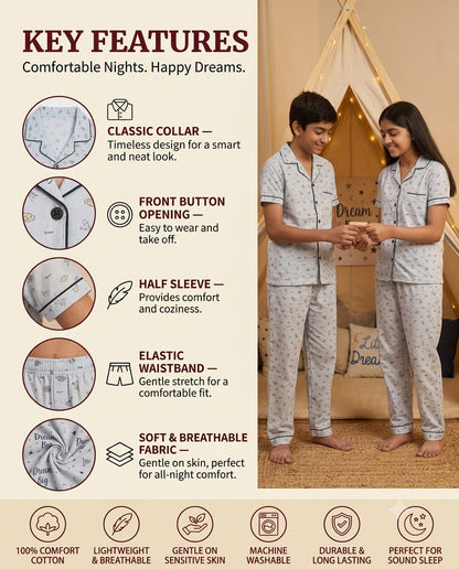 Grey Dinosaur Printed Pure Unisex Nightsuit Set