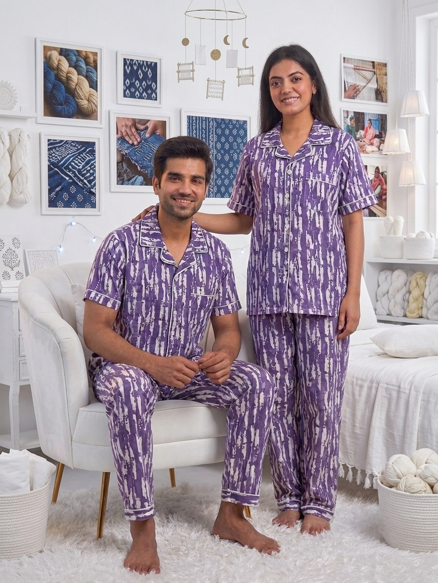 Purple Abstract Tie-Dye Printed Pure Unisex Nightsuit Set