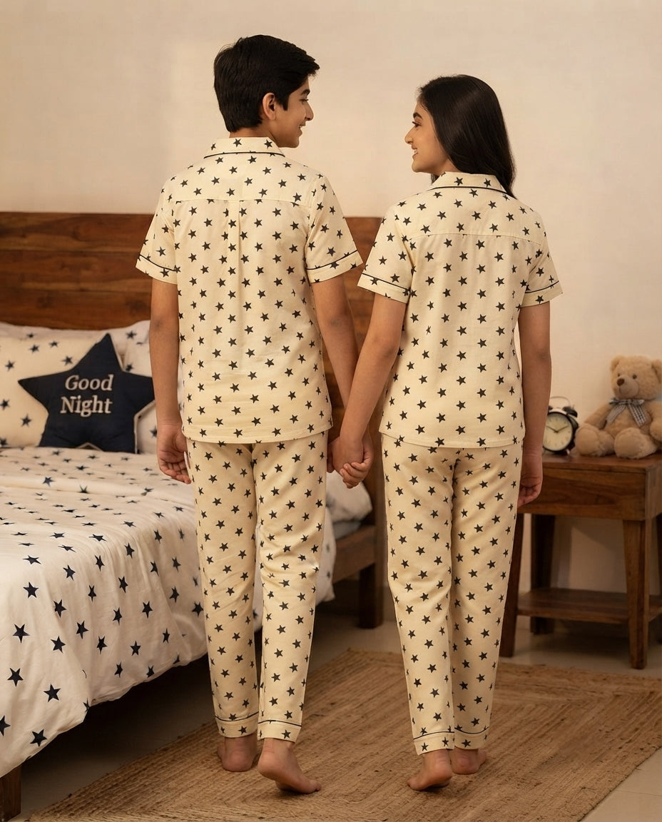 Cream & Black Star Printed Pure Unisex Nightsuit Set