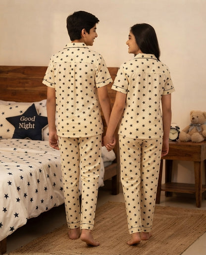 Cream & Black Star Printed Pure Unisex Nightsuit Set