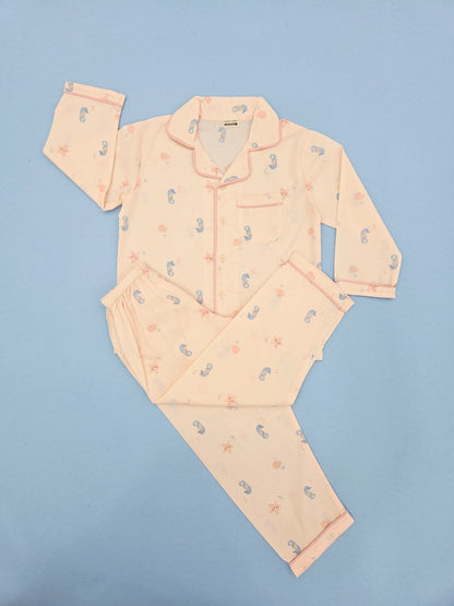 Pure Cotton Peach with Seahorse Print  Unisex Nightsuit Set