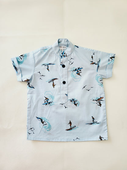 Mandarin collar shirt for infants, toddlers, and teens with blue shorts