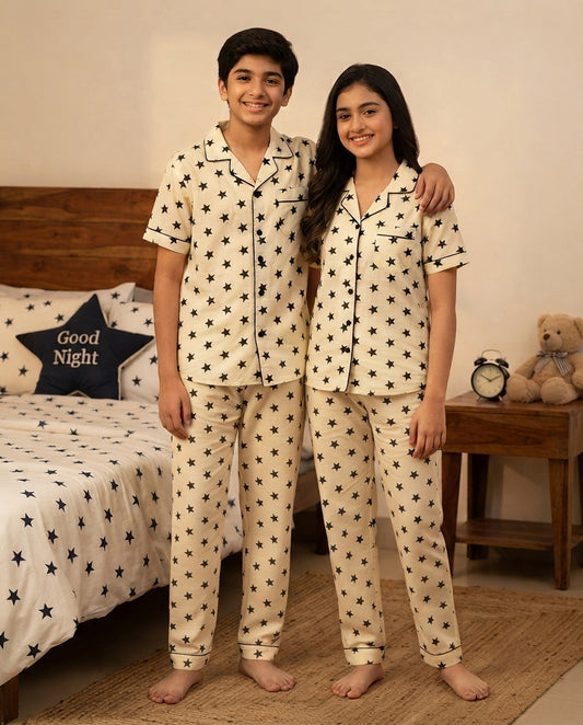 Cream & Black Star Printed Pure Unisex Nightsuit Set