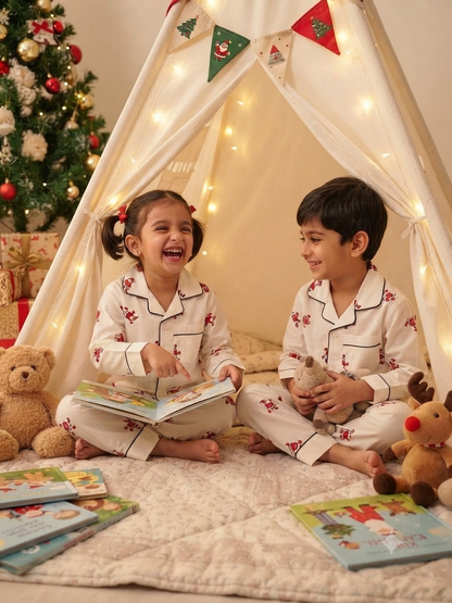 Pure Cotton White and Red Santa Print Christmas Unisex Nightsuit Set