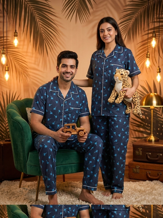 Navy Palm Tree Printed Pure Cotton Unisex Nightsuit Set