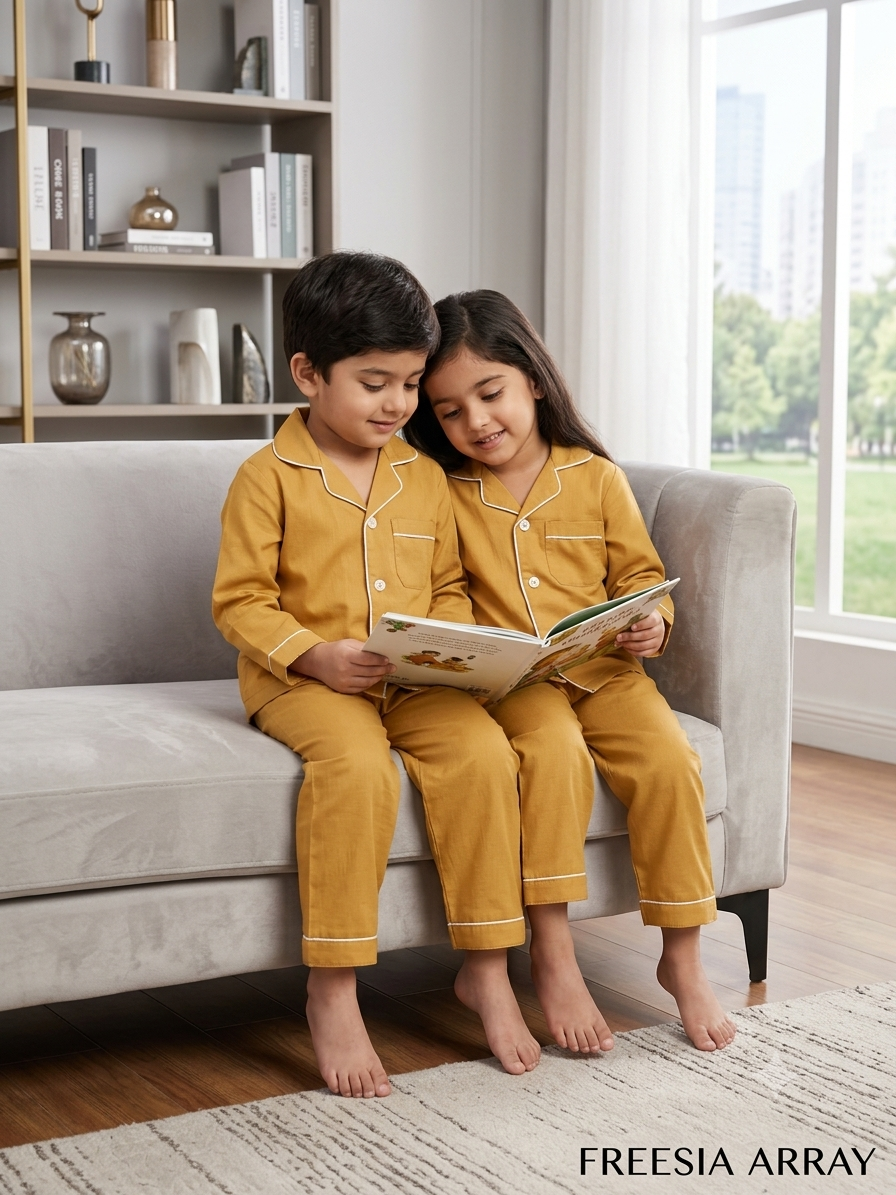 Pure Cotton Classic Solid Mustard Yellow Unisex Nightsuit Set