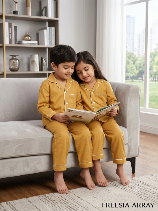 Pure Cotton Classic Solid Mustard Yellow Unisex Nightsuit Set