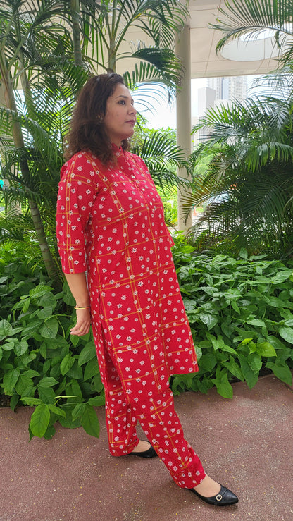 Red Floral Cotton Kurta with Pants