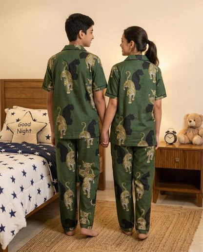 Green Leopard & Panther Print Cotton Unisex Nightsuit Set