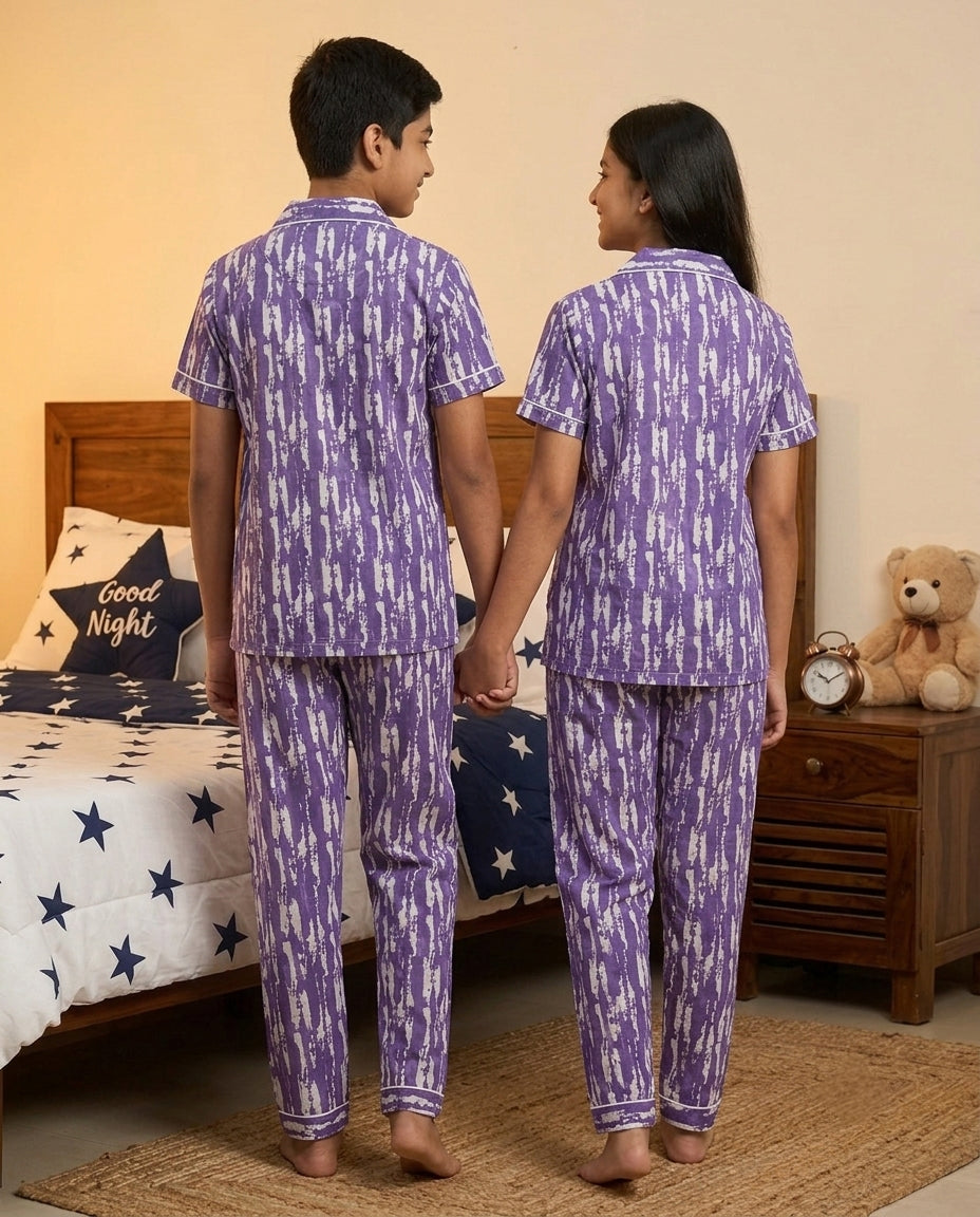 Purple Abstract Tie-Dye Printed Pure Unisex Nightsuit Set