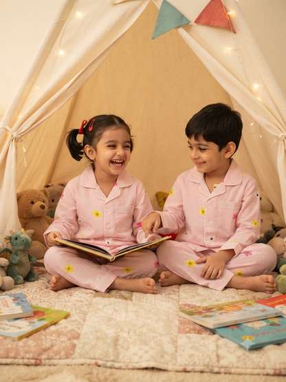 Pure Cotton Pink Flower Print Unisex Nightsuit Set
