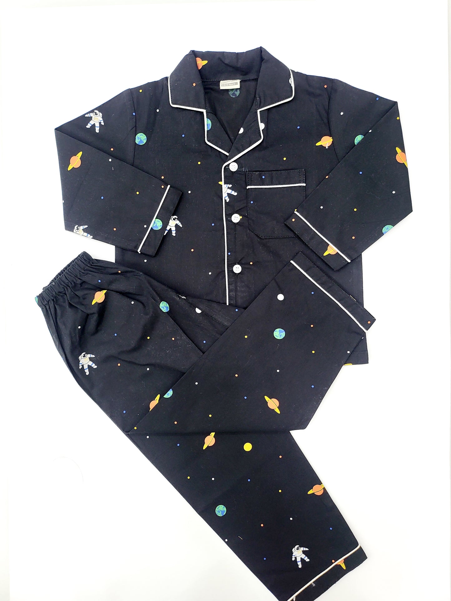 Black full sleeve nightsuit with astronaut and space print for kids who love adventure