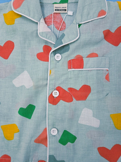 Pure Cotton Multi-Color Heart Print Unisex Nightsuit Set