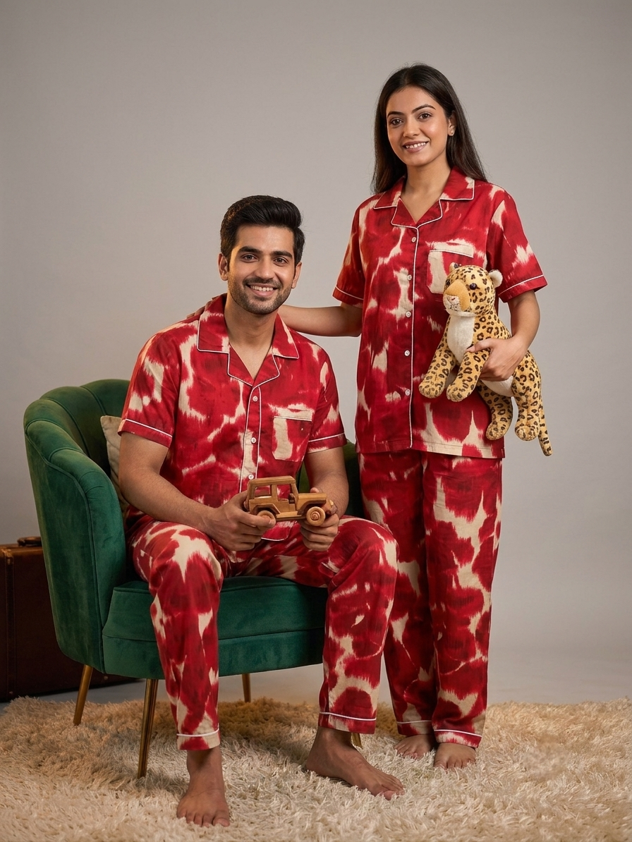 Red Ikat Printed Pure Cotton Unisex Nightsuit Set