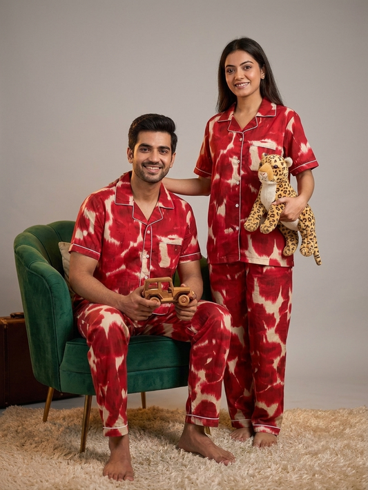 Red Ikat Printed Pure Cotton Unisex Nightsuit Set