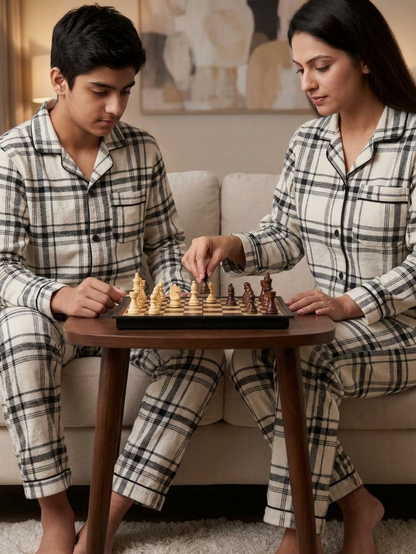 Classic White & Black Plaid Flannel Unisex Nightsuit Set