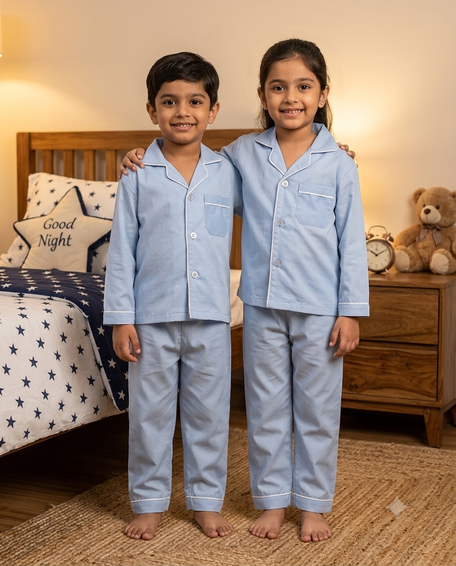 Pure Cotton Classic Solid Sky-Blue Unisex Nightsuit Set
