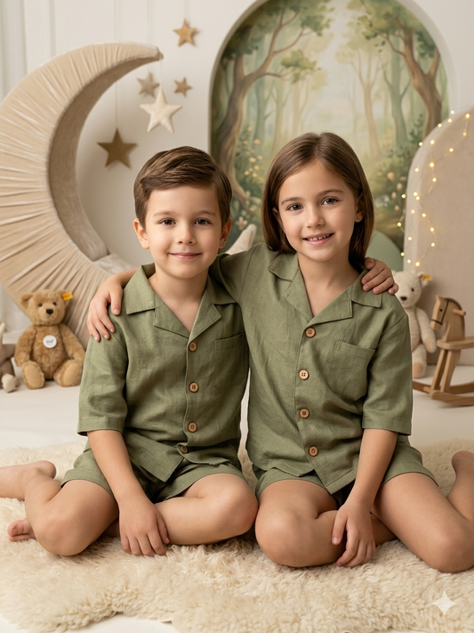 Olive Green Solid Unisex Shorts Nightsuit Set
