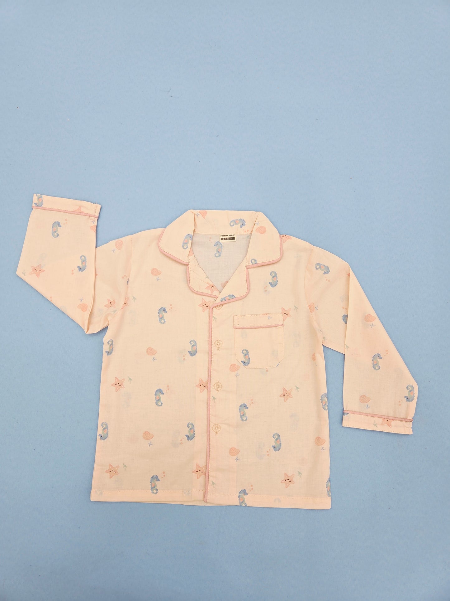 Pure Cotton Peach with Seahorse Print  Unisex Nightsuit Set