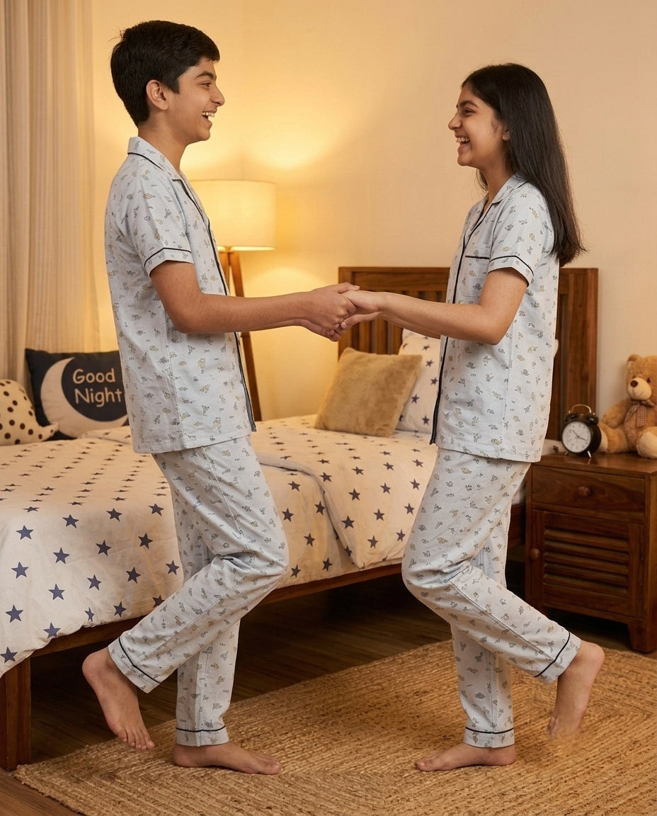Grey Dinosaur Printed Pure Unisex Nightsuit Set