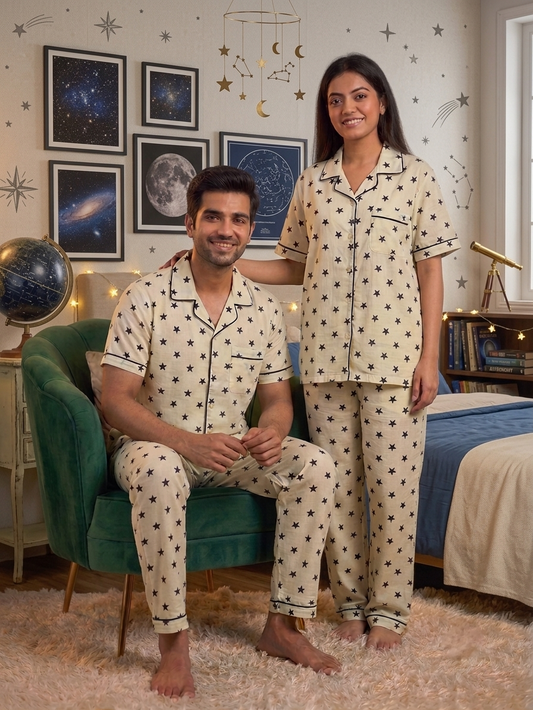 Cream & Black Star Printed Pure Unisex Nightsuit Set