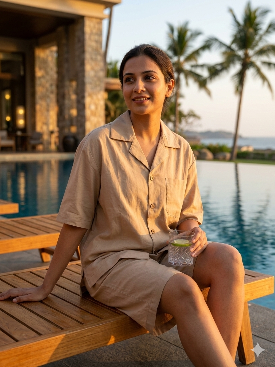 Beige Solid Women Cotton Nightsuit Set