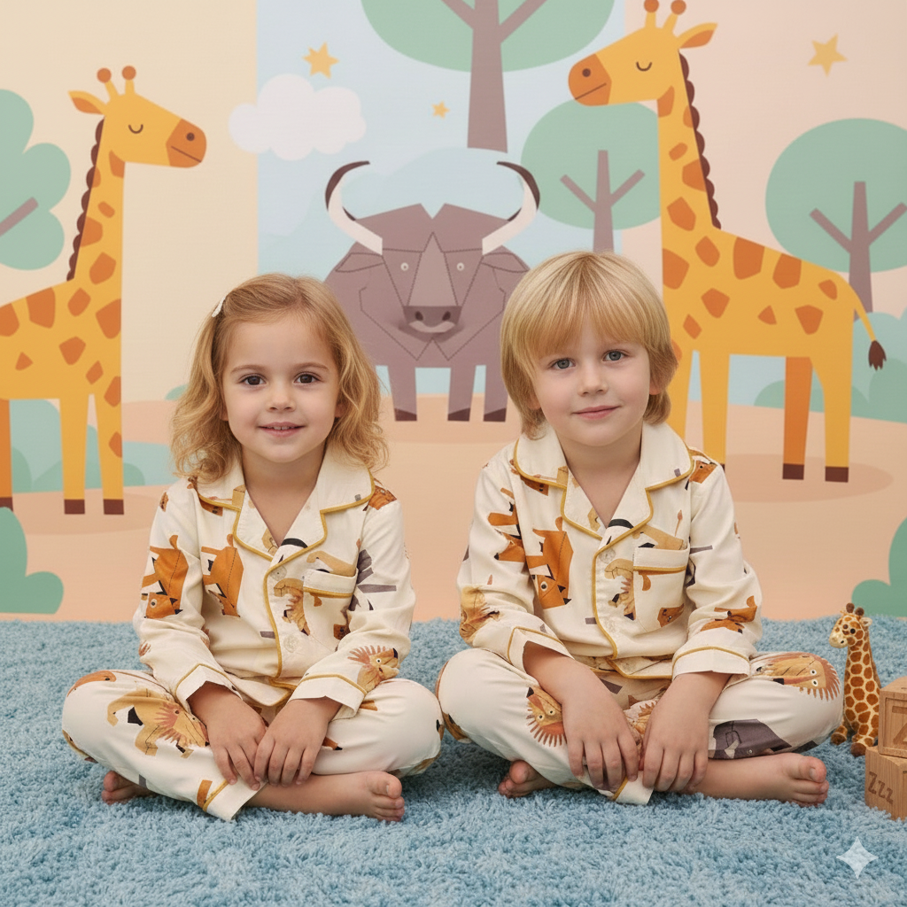 Pure Cotton White Safari Animal Print Unisex Nightsuit Set