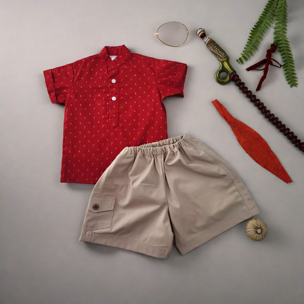 Red Mandarin collar shirt with beige shorts