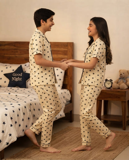 Cream & Black Star Printed Pure Unisex Nightsuit Set