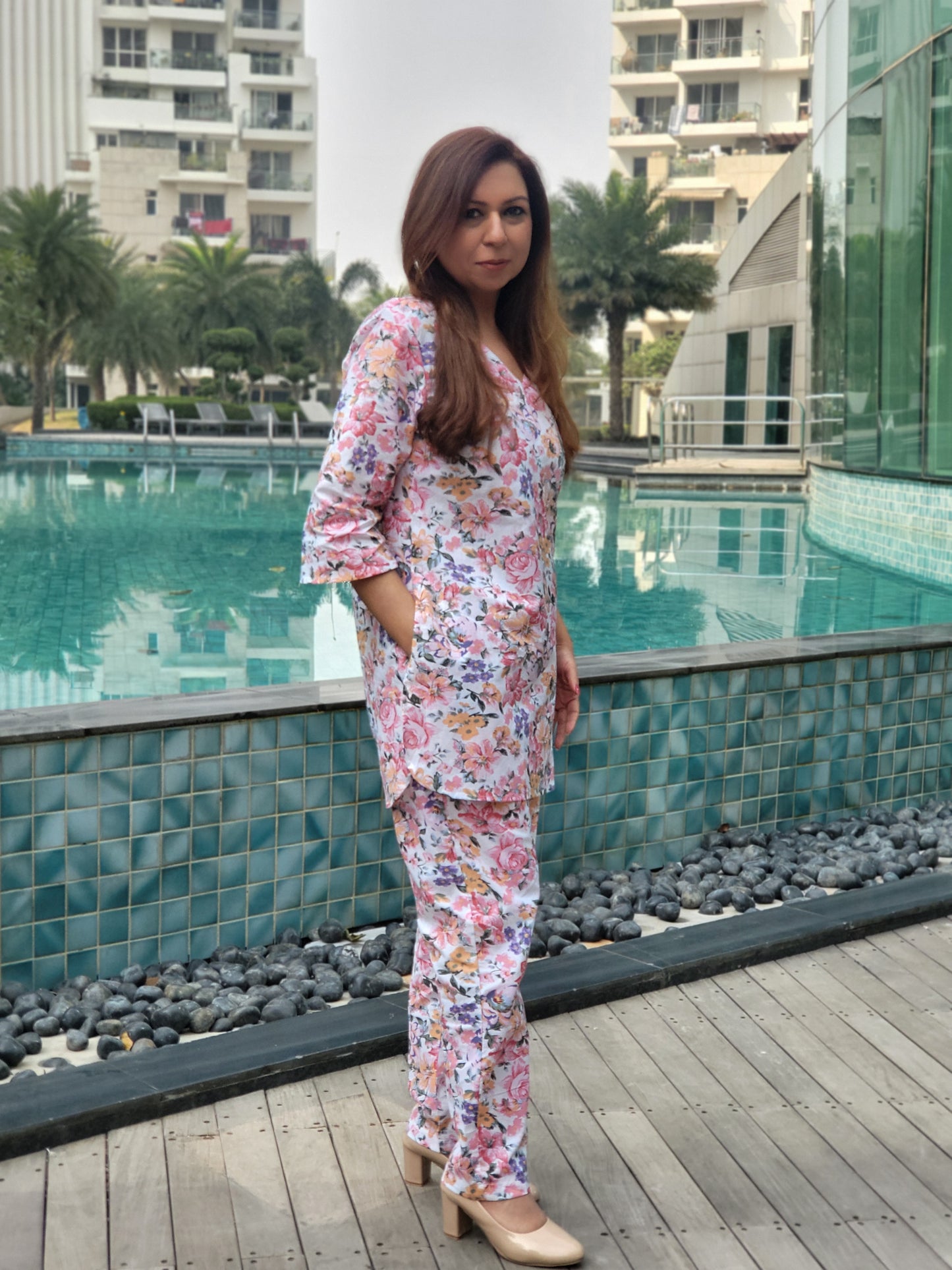 White loungewear for women with beautiful pink floral print