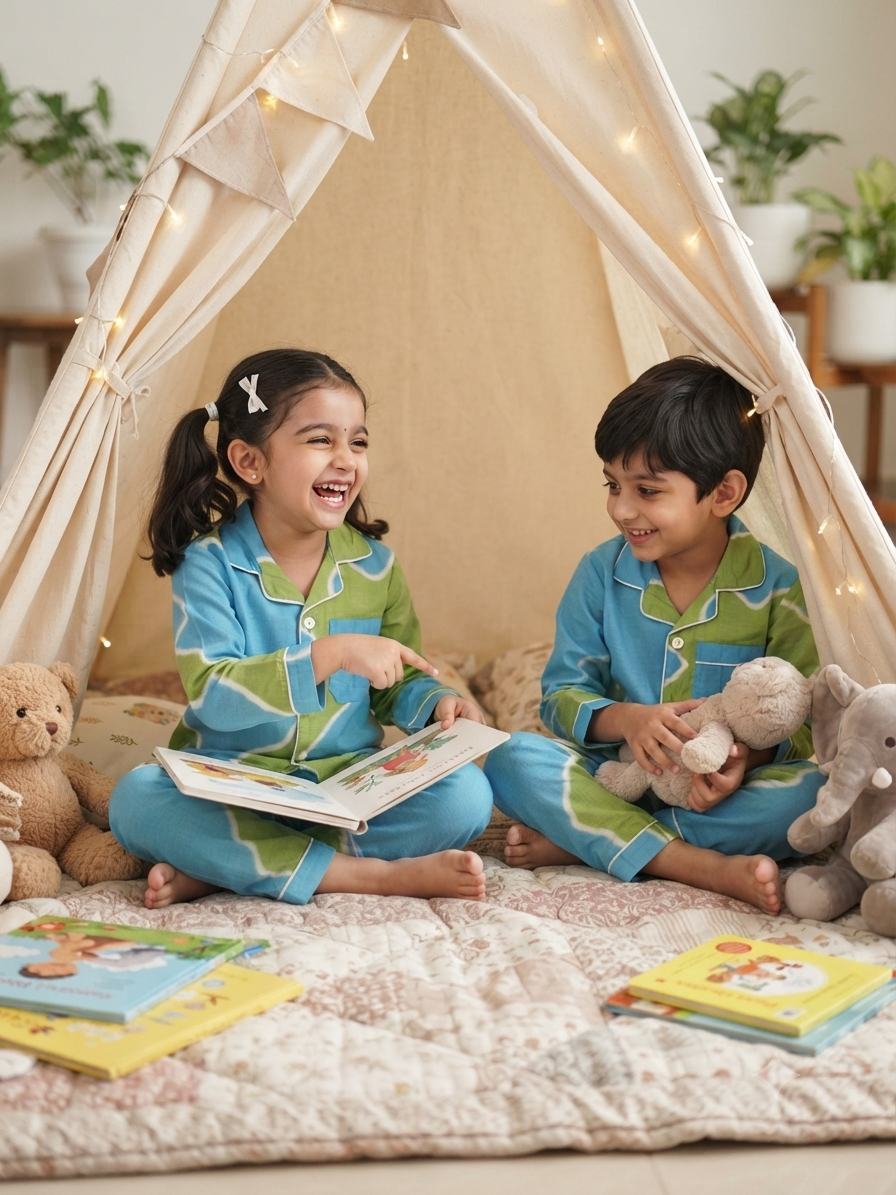Pure Cotton Blue Green Tie-Dye Print Unisex Nightsuit Set