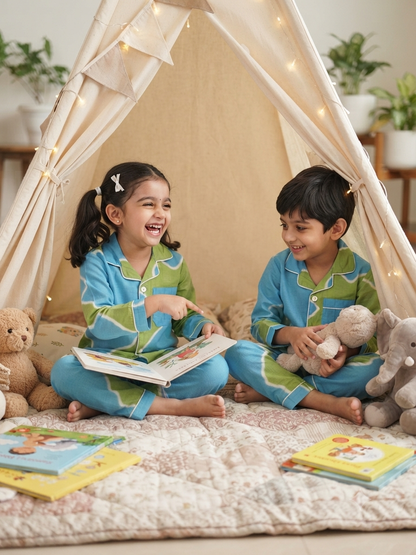 Pure Cotton Blue Green Tie-Dye Print Unisex Nightsuit Set