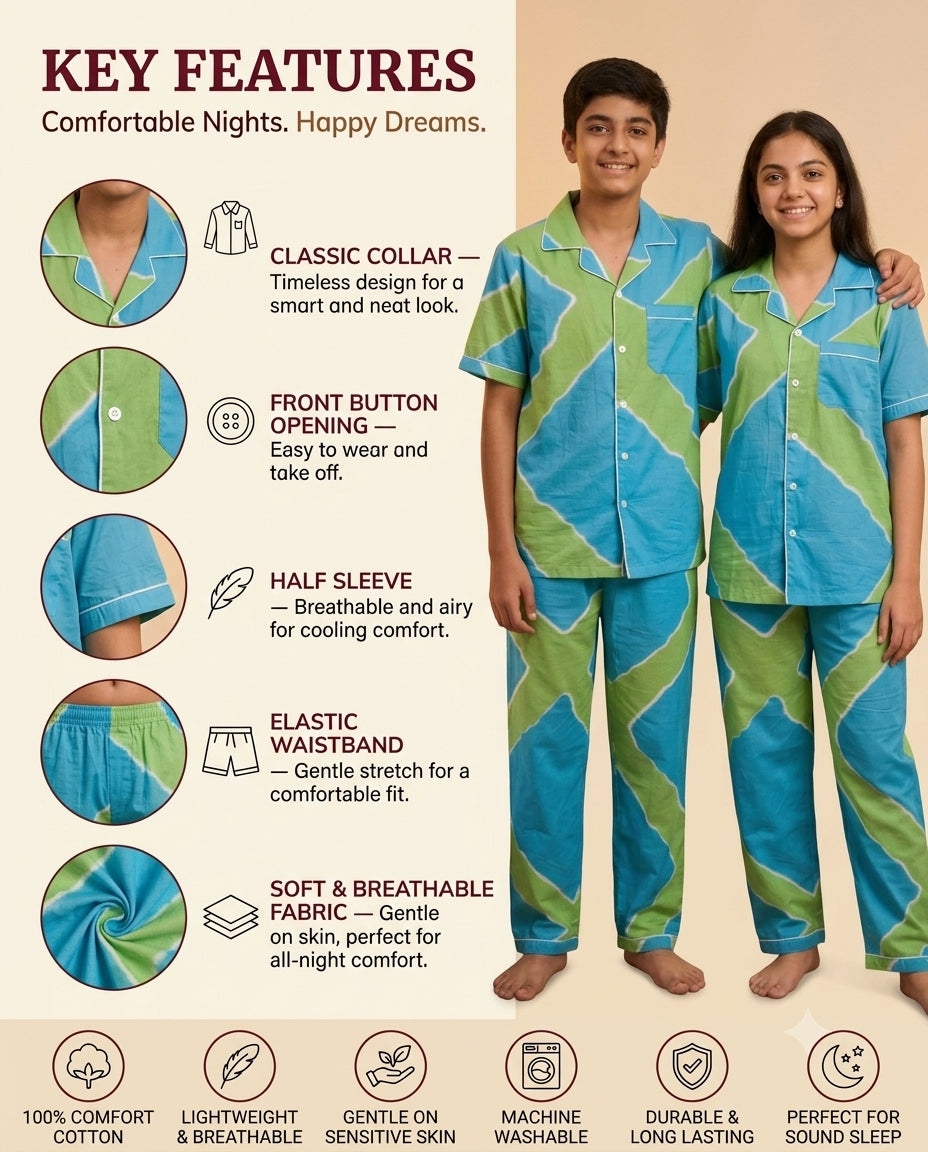 Aqua & Lime Green Printed Pure Cotton Unisex Nightsuit Set