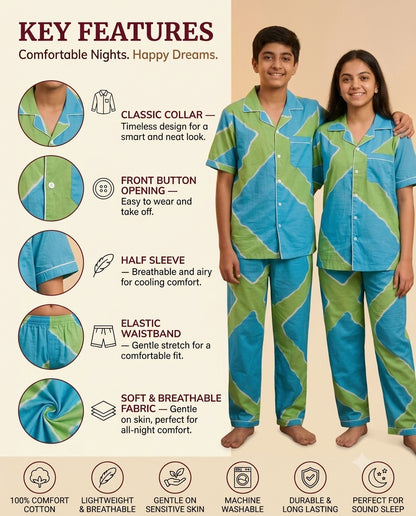 Aqua & Lime Green Printed Pure Cotton Unisex Nightsuit Set
