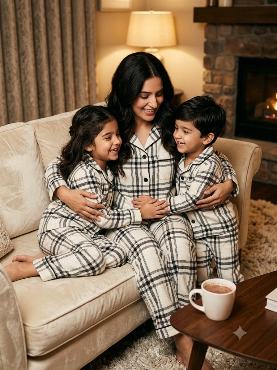 Classic White & Black Plaid Flannel Unisex Nightsuit Set
