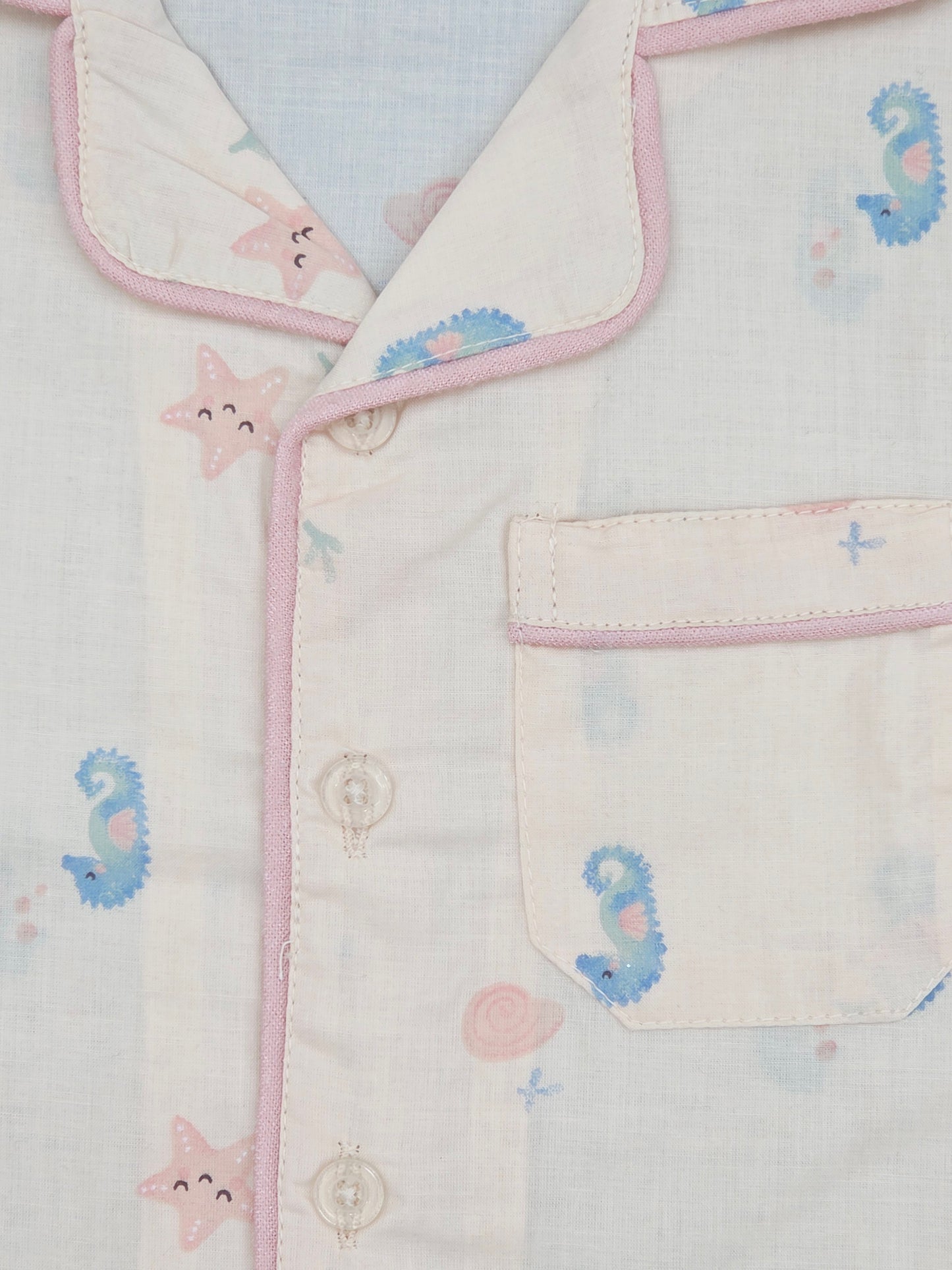 Pure Cotton Peach with Seahorse Print  Unisex Nightsuit Set