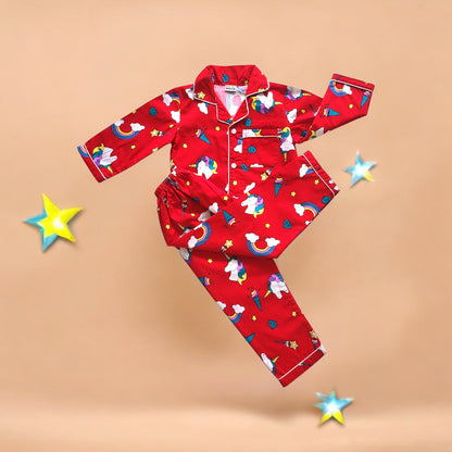 Red Unicorn Print Cotton Kids Unisex Nightsuit Set