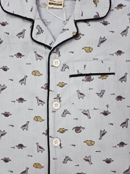 Pure Cotton Grey Dino Print Unisex Nightsuit Set